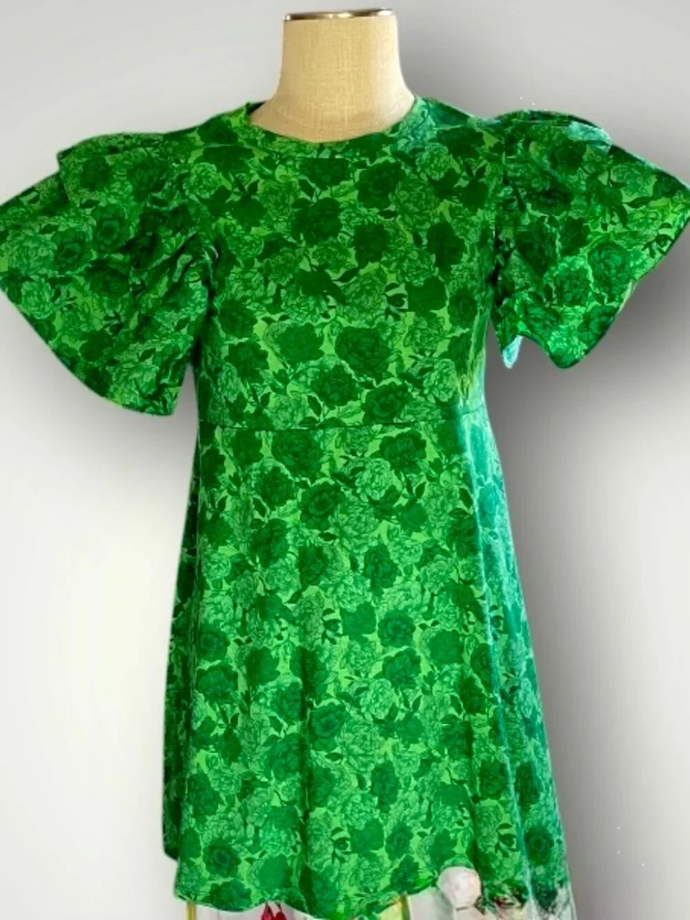 Zara Green Floral Mini Dress with double flutter sleeves, Size S - Picture 3 of 4
